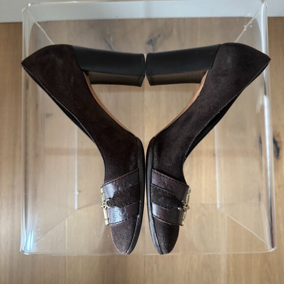 Gucci Vintage Horsebit Brown Suede Pumps Square Toe Block Heel Size 7 Resoled - Picture 6 of 16